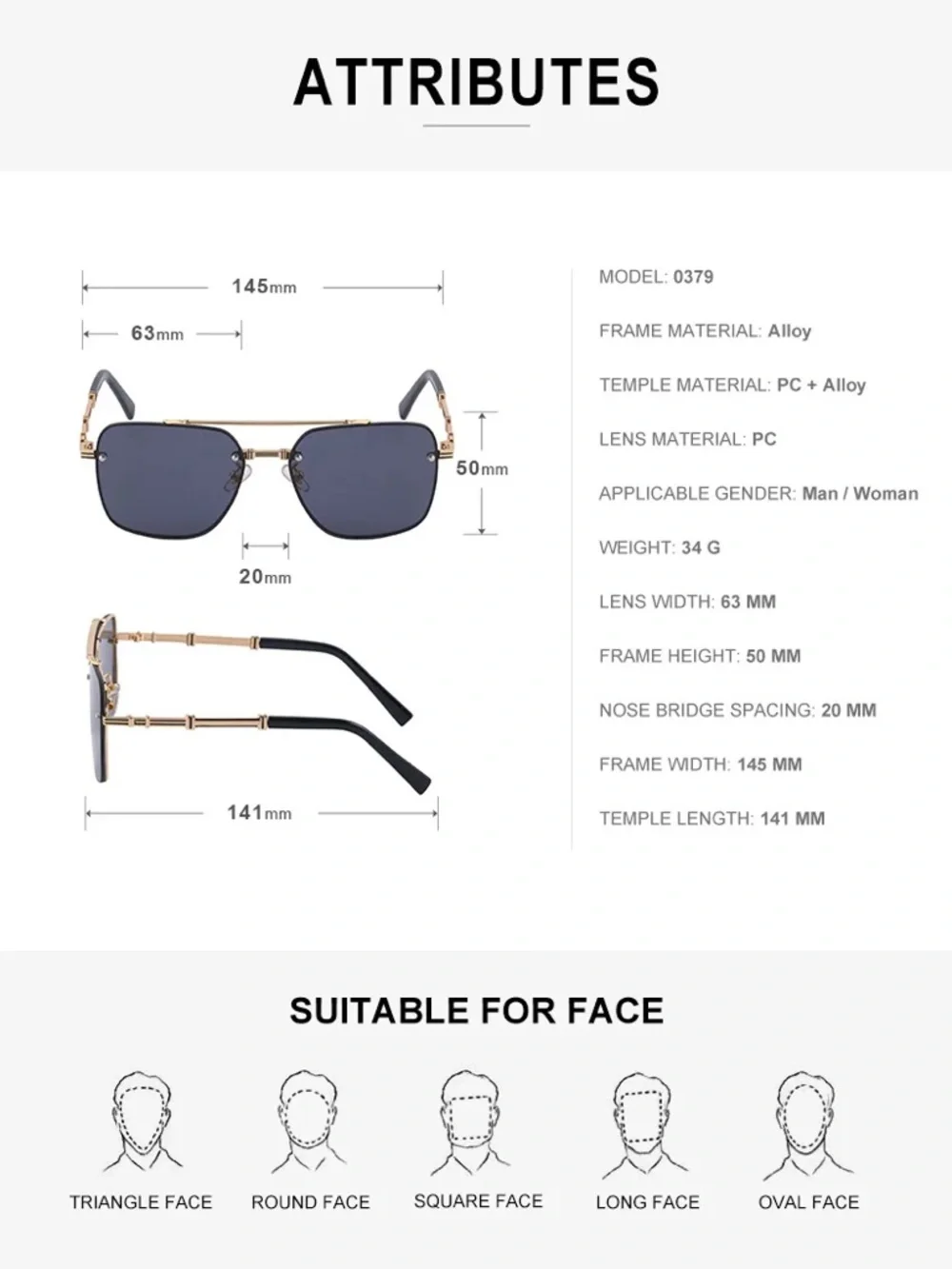 Men’s Elegant and Refined Anti-UV Sunglasses with Metal Frame.